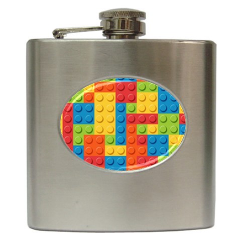 Lego Bricks, Colorful Dots Background Hip Flask (6 oz) from ArtsNow.com Front