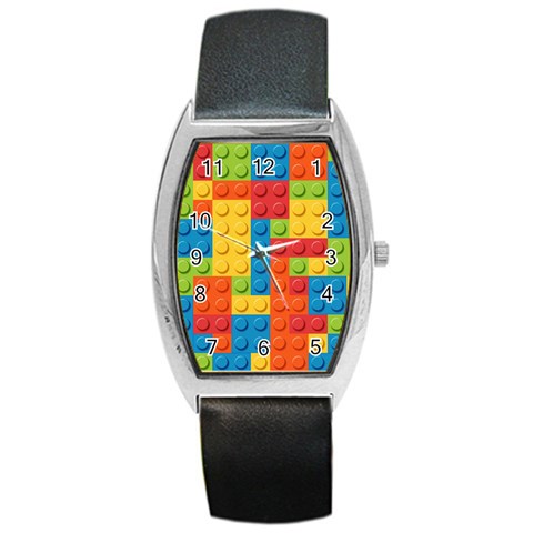 Lego Bricks, Colorful Dots Background Barrel Style Metal Watch from ArtsNow.com Front