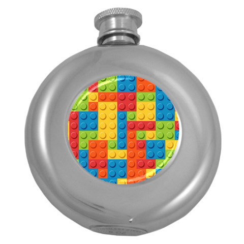 Lego Bricks, Colorful Dots Background Round Hip Flask (5 oz) from ArtsNow.com Front