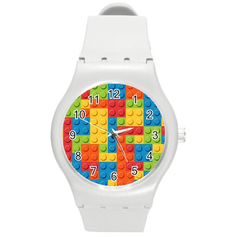 Lego Bricks, Colorful Dots Background Round Plastic Sport Watch (M) from ArtsNow.com Front