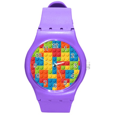 Lego Bricks, Colorful Dots Background Round Plastic Sport Watch (M) from ArtsNow.com Front