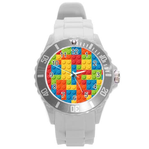 Lego Bricks, Colorful Dots Background Round Plastic Sport Watch (L) from ArtsNow.com Front