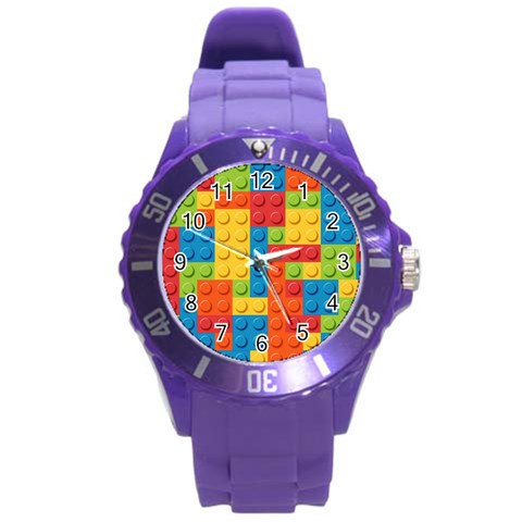 Lego Bricks, Colorful Dots Background Round Plastic Sport Watch (L) from ArtsNow.com Front