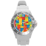 Lego Bricks, Colorful Dots Background Round Plastic Sport Watch (L)