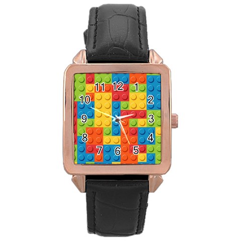 Lego Bricks, Colorful Dots Background Rose Gold Leather Watch  from ArtsNow.com Front