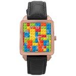 Lego Bricks, Colorful Dots Background Rose Gold Leather Watch 