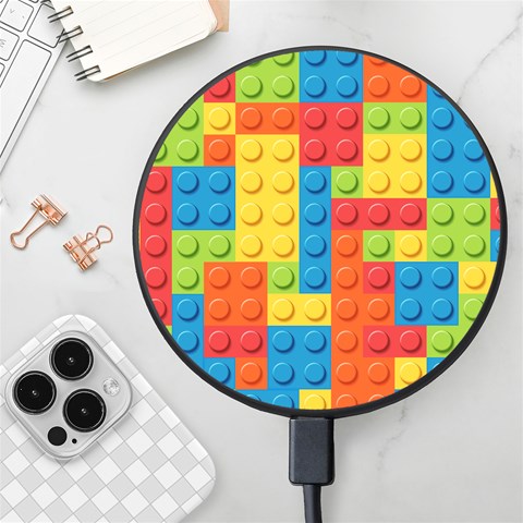 Lego Bricks, Colorful Dots Background Wireless Fast Charger(Black) from ArtsNow.com Front