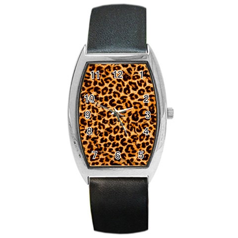 Leopard Skin Texture Macro, Brown Barrel Style Metal Watch from ArtsNow.com Front