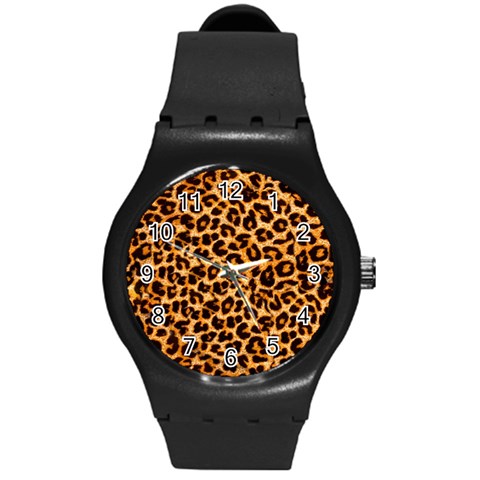 Leopard Skin Texture Macro, Brown Round Plastic Sport Watch (M) from ArtsNow.com Front