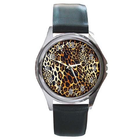 Leopard Skin Texture, Macro, Brown Round Metal Watch from ArtsNow.com Front