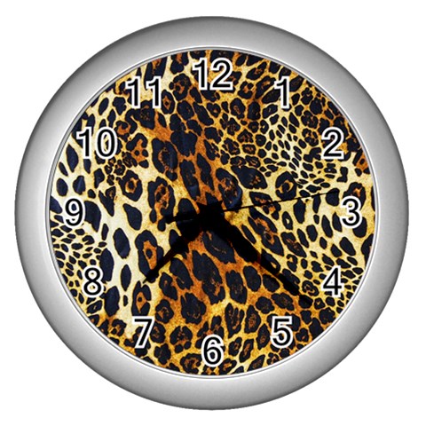 Leopard Skin Texture, Macro, Brown Wall Clock (Silver) from ArtsNow.com Front