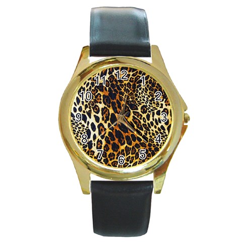 Leopard Skin Texture, Macro, Brown Round Gold Metal Watch from ArtsNow.com Front