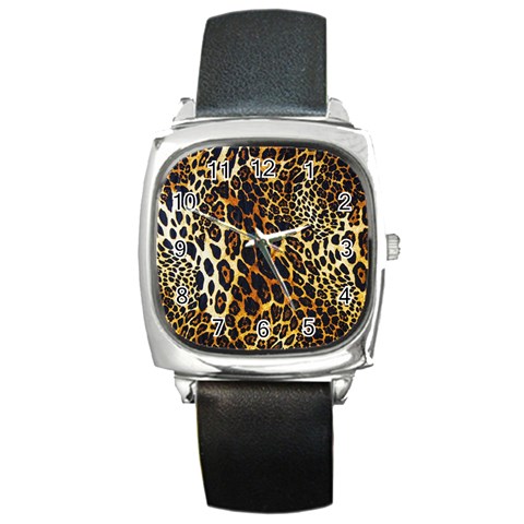 Leopard Skin Texture, Macro, Brown Square Metal Watch from ArtsNow.com Front