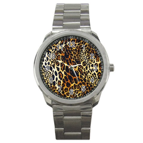 Leopard Skin Texture, Macro, Brown Sport Metal Watch from ArtsNow.com Front