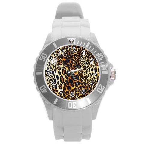 Leopard Skin Texture, Macro, Brown Round Plastic Sport Watch (L) from ArtsNow.com Front