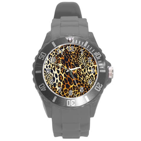 Leopard Skin Texture, Macro, Brown Round Plastic Sport Watch (L) from ArtsNow.com Front