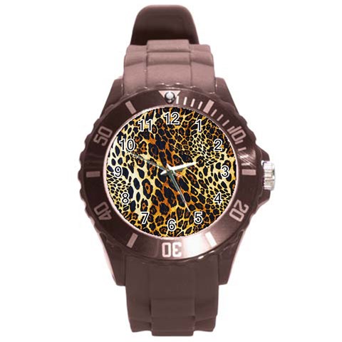 Leopard Skin Texture, Macro, Brown Round Plastic Sport Watch (L) from ArtsNow.com Front