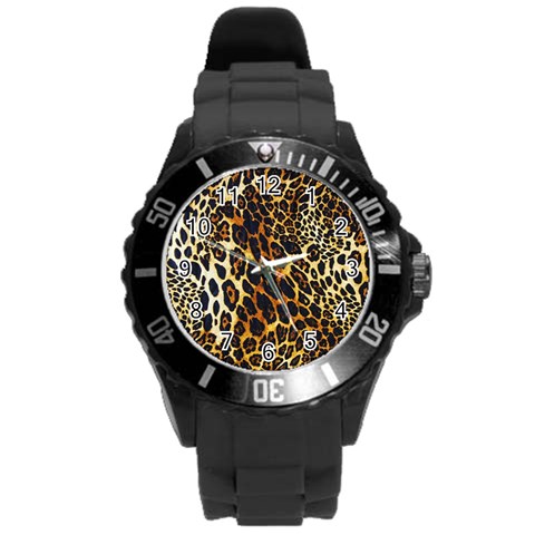 Leopard Skin Texture, Macro, Brown Round Plastic Sport Watch (L) from ArtsNow.com Front