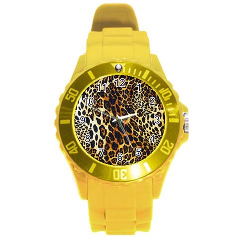 Leopard Skin Texture, Macro, Brown Round Plastic Sport Watch (L) from ArtsNow.com Front