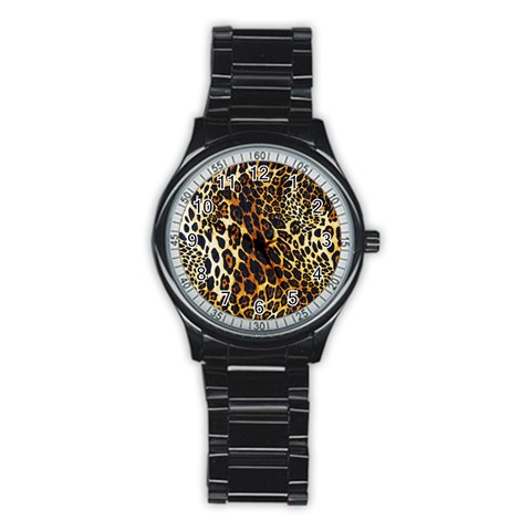 Leopard Skin Texture, Macro, Brown Stainless Steel Round Watch from ArtsNow.com Front