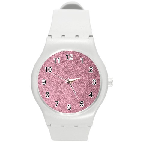 Pink Fabric Texture, Knitted Pink Texture, Round Plastic Sport Watch (M) from ArtsNow.com Front