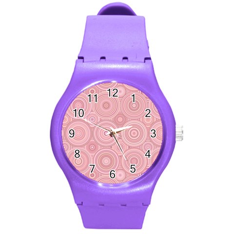 Pink Retro Texture With Circles, Retro Circles Background, Round Plastic Sport Watch (M) from ArtsNow.com Front