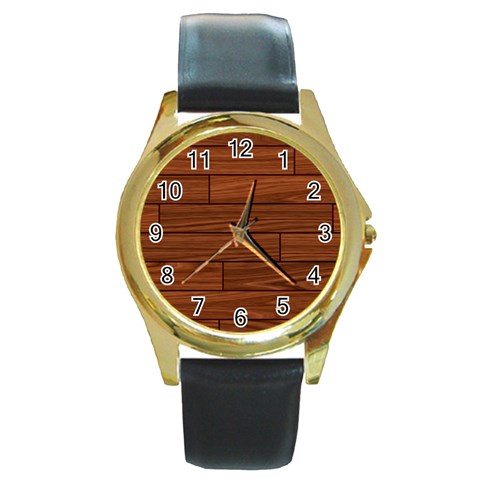 Seamless Wooden Planks Brown Wooden Background Round Gold Metal Watch from ArtsNow.com Front