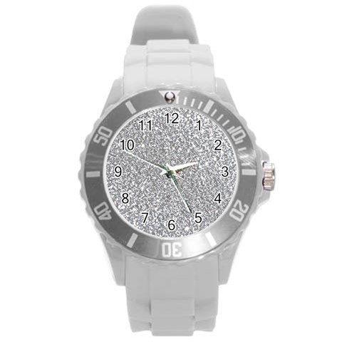 Silver Glitter Texture, Light Creative Background Round Plastic Sport Watch (L) from ArtsNow.com Front