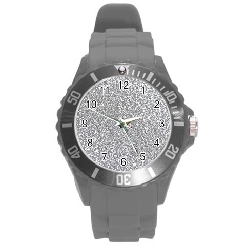 Silver Glitter Texture, Light Creative Background Round Plastic Sport Watch (L) from ArtsNow.com Front