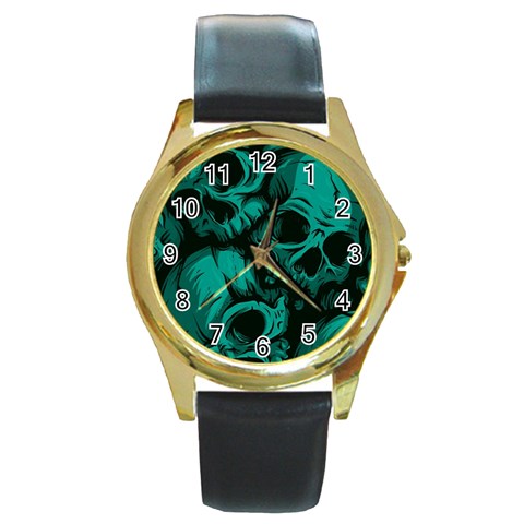 Skulls Round Gold Metal Watch from ArtsNow.com Front