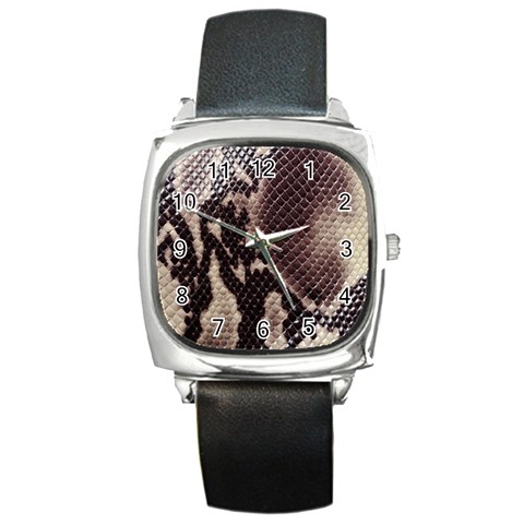 Snake Skin, Reptile Skin, Snake Skin Textures, Brown Snake Square Metal Watch from ArtsNow.com Front