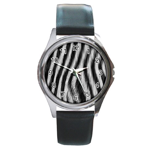 Zebra Texture, Zebra Wool, White Black Background Round Metal Watch from ArtsNow.com Front