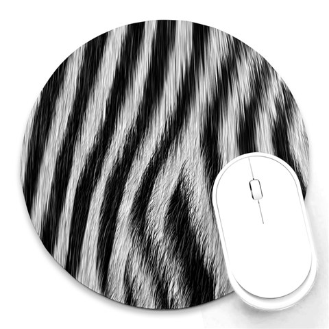 Zebra Texture, Zebra Wool, White Black Background Round Mousepad from ArtsNow.com Front