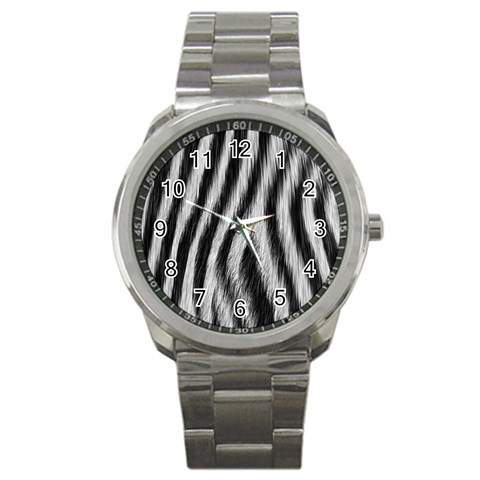 Zebra Texture, Zebra Wool, White Black Background Sport Metal Watch from ArtsNow.com Front