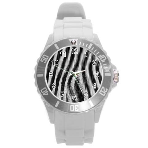 Zebra Texture, Zebra Wool, White Black Background Round Plastic Sport Watch (L) from ArtsNow.com Front