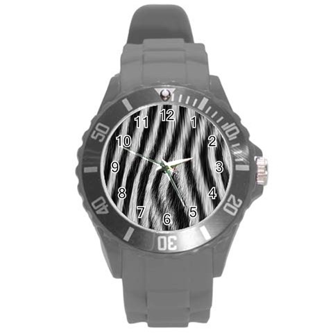 Zebra Texture, Zebra Wool, White Black Background Round Plastic Sport Watch (L) from ArtsNow.com Front