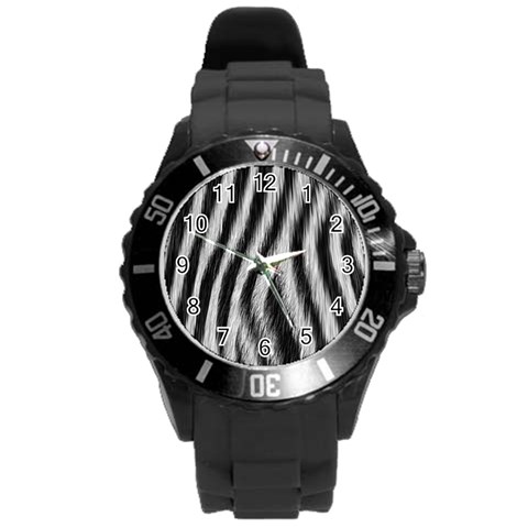 Zebra Texture, Zebra Wool, White Black Background Round Plastic Sport Watch (L) from ArtsNow.com Front