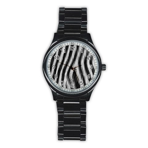 Zebra Texture, Zebra Wool, White Black Background Stainless Steel Round Watch from ArtsNow.com Front