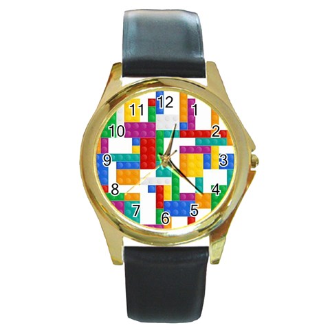 Colorful Bricks, Bricks, Colorful, Colors, Games, Lego, Rainbow Round Gold Metal Watch from ArtsNow.com Front