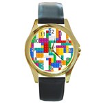 Colorful Bricks, Bricks, Colorful, Colors, Games, Lego, Rainbow Round Gold Metal Watch