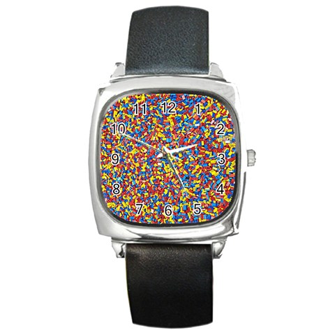 Colorful Lego Texture Lego Bricks Square Metal Watch from ArtsNow.com Front