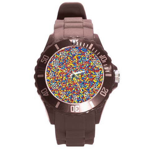 Colorful Lego Texture Lego Bricks Round Plastic Sport Watch (L) from ArtsNow.com Front