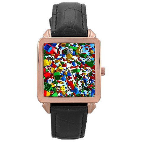 Falling Lego Bricks, Desenho Rose Gold Leather Watch  from ArtsNow.com Front