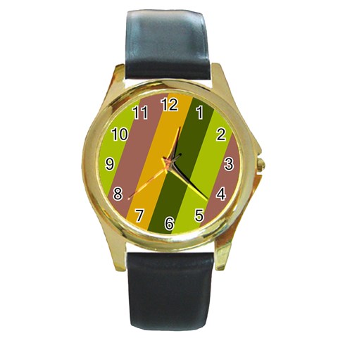 Autmn Stripes Colors Geometric Print Design Round Gold Metal Watch from ArtsNow.com Front