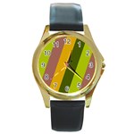 Autmn Stripes Colors Geometric Print Design Round Gold Metal Watch