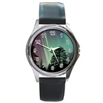 Silhouette Of Aurora Borealis Round Metal Watch