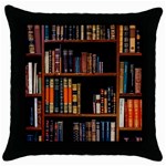 Assorted Title Of Books Piled In The Shelves Assorted Book Lot Inside The Wooden Shelf Throw Pillow Case (Black)