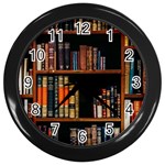 Assorted Title Of Books Piled In The Shelves Assorted Book Lot Inside The Wooden Shelf Wall Clock (Black)