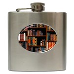 Assorted Title Of Books Piled In The Shelves Assorted Book Lot Inside The Wooden Shelf Hip Flask (6 oz)