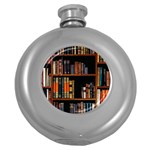 Assorted Title Of Books Piled In The Shelves Assorted Book Lot Inside The Wooden Shelf Round Hip Flask (5 oz)